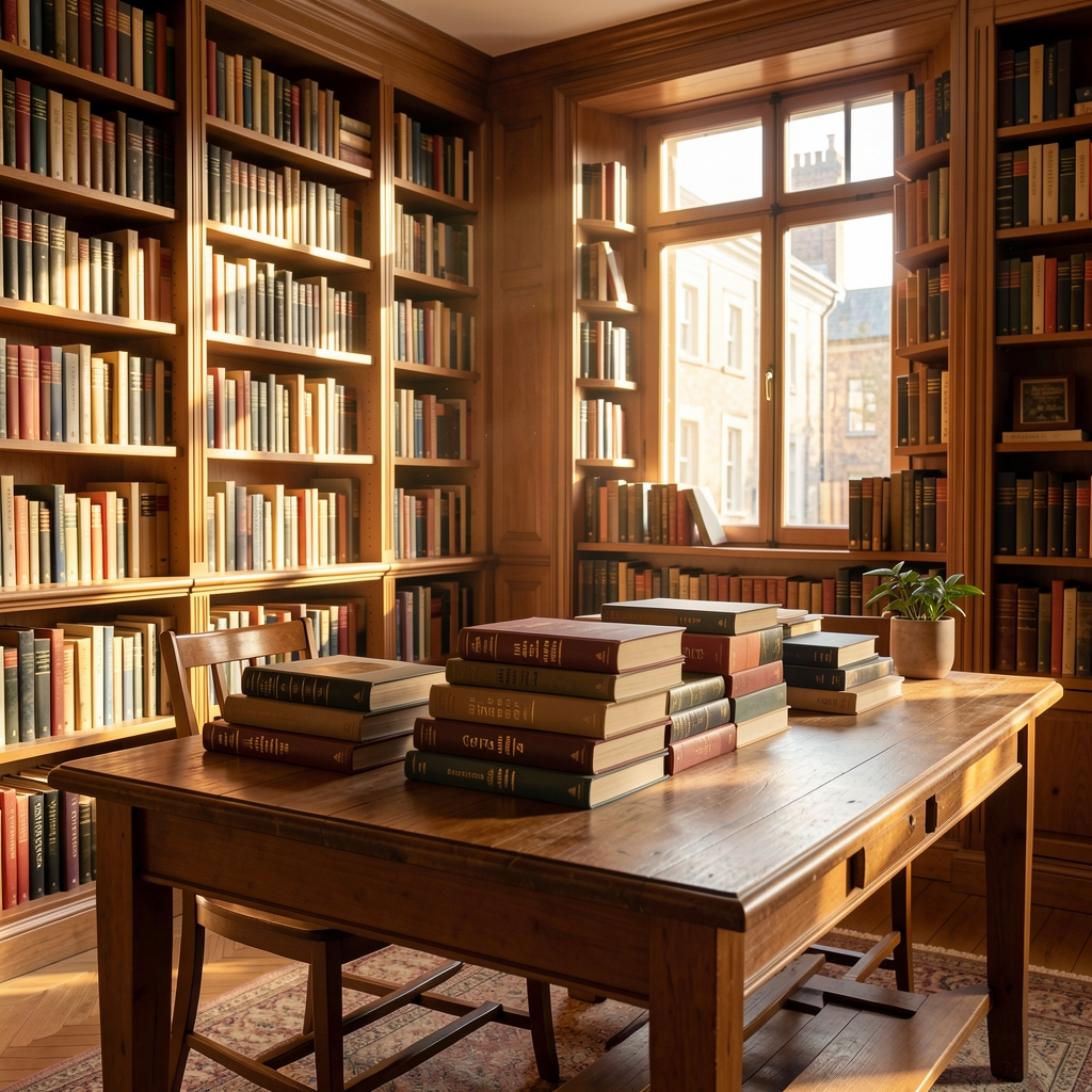 Sunlit reading room with tall bookshelves lining the walls, a wooden reading table with stacked reference volumes, and a large window admitting warm late-afternoon light