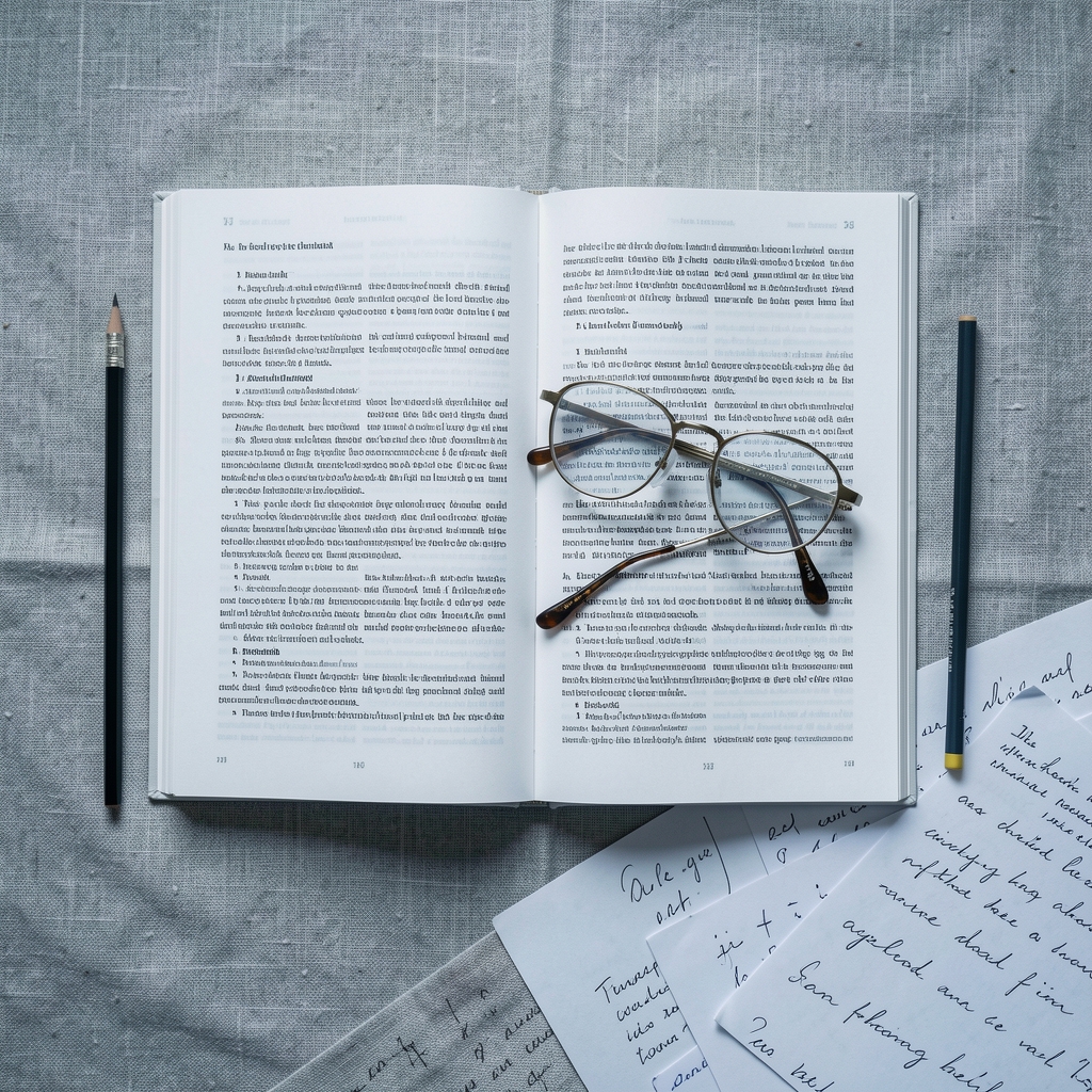 Flat lay of an open research journal on a textured linen surface, with reading glasses resting on the page, a pencil, and scattered loose papers with written notes, shot in cool grey natural light