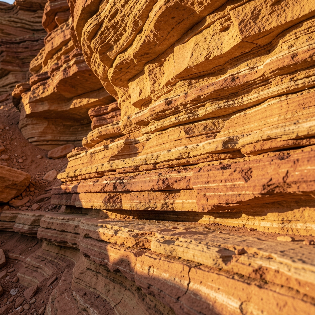 Abstract close-up of layered geological rock strata in warm ochre and terracotta tones, suggesting deep structure and natural balance, photographed in raking side light