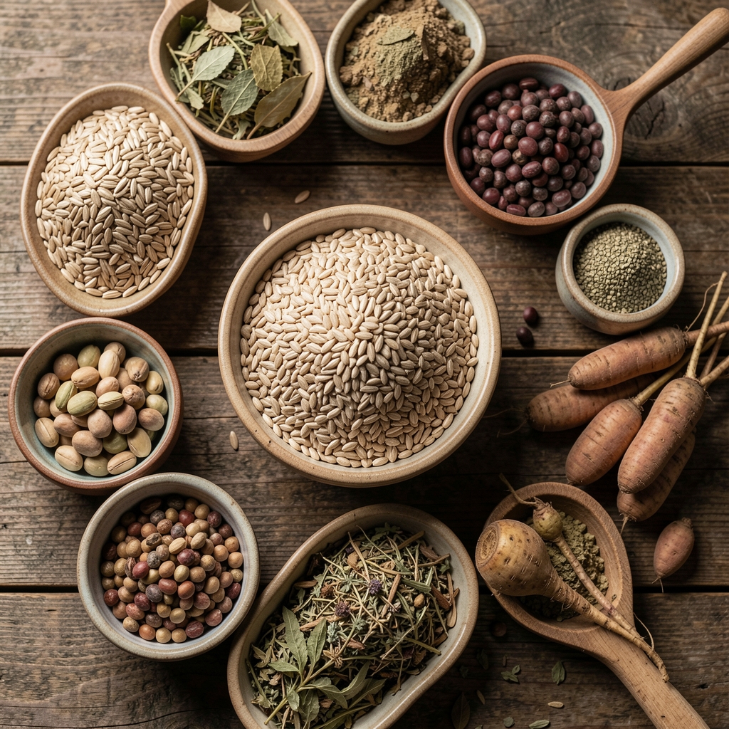 Overhead shot of a rustic wooden table with a variety of whole grains, legumes, root vegetables and dried herbs arranged in small ceramic bowls in natural diffused light