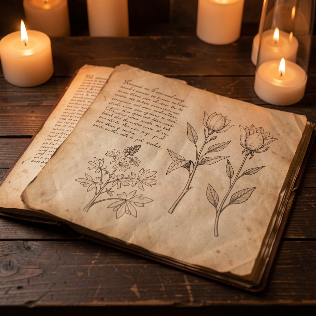 Aged parchment manuscript pages with faded handwritten text and botanical diagrams, lying on a dark wooden surface in warm amber candlelight