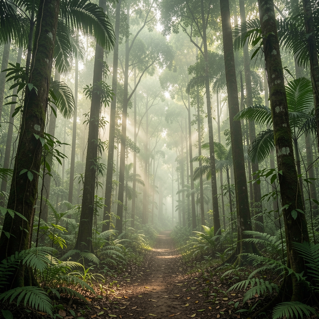 Wide angle view of a dense tropical forest path with morning mist filtering through tall tree trunks, dappled green light and a quiet natural atmosphere