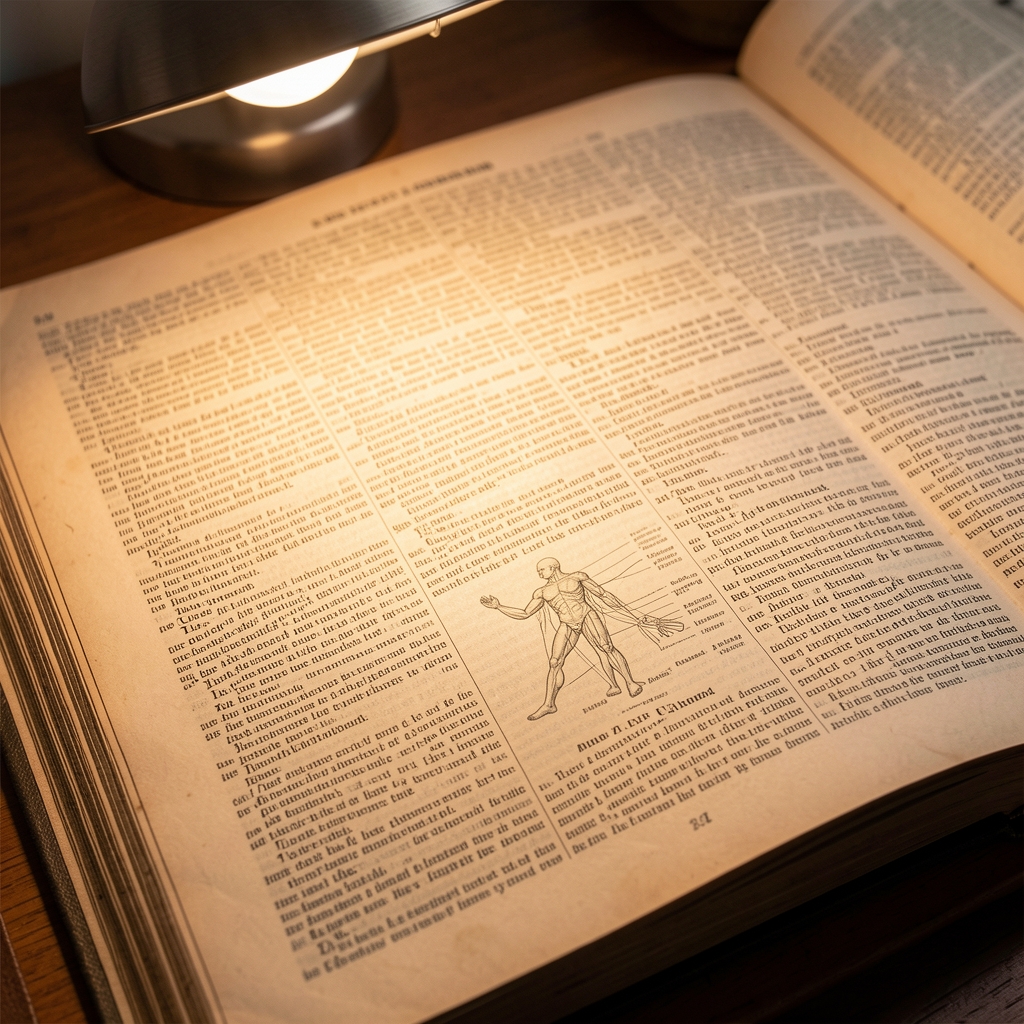 Close-up of an open reference book with dense typographic columns on aged cream paper, resting on a dark wooden desk beside a single pencil in warm directional light