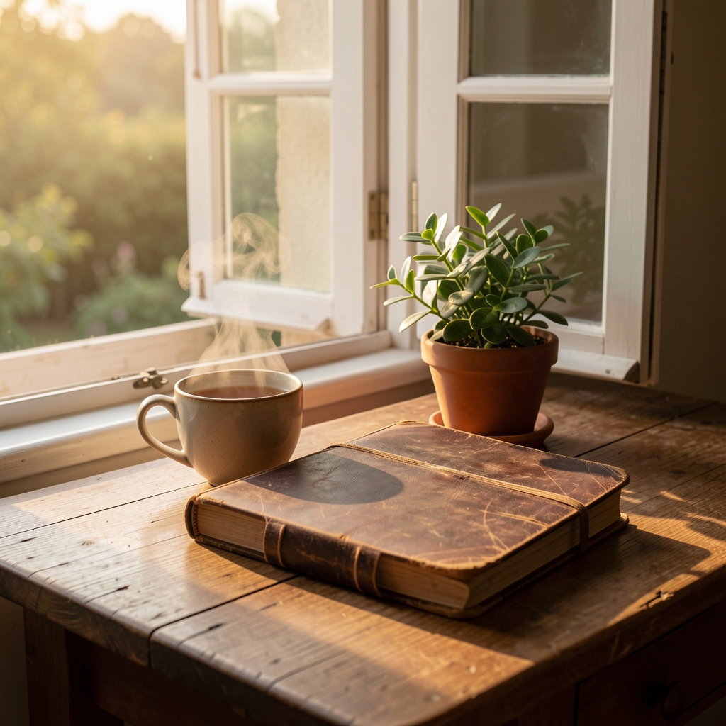 Calm morning scene of a wooden table near an open window with a cup of tea steaming gently, a small plant, and golden early light falling across a worn journal