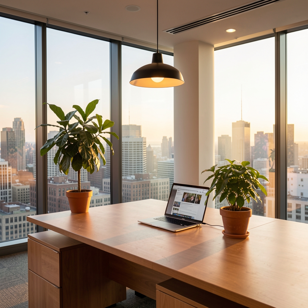 Wide desk surface in an editorial office with a potted plant beside a monitor, warm pendant lamp overhead, and a city view through tall glass windows during golden hour